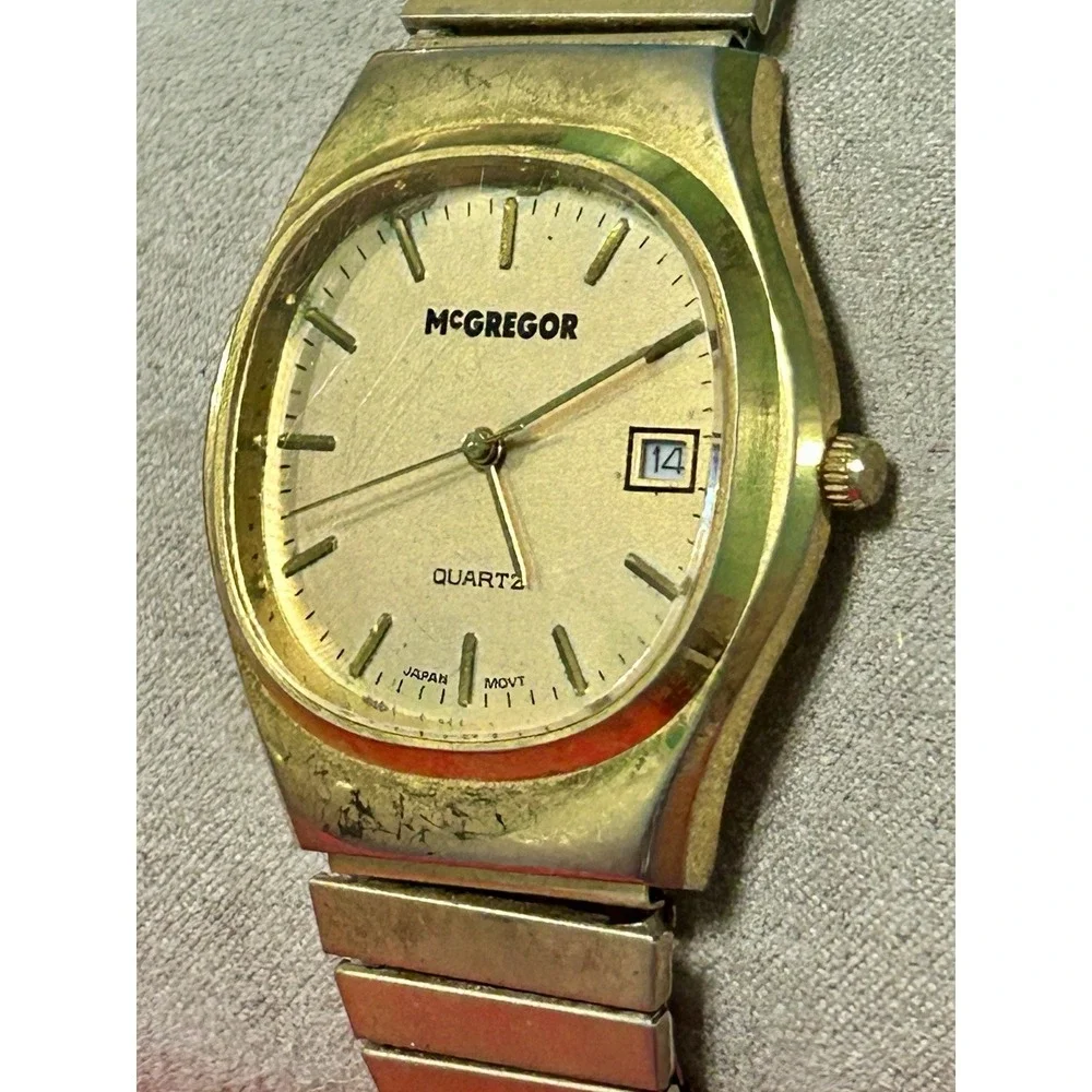 Vintage McGregor Japan Quartz Watch Men Gold Tone Date Stretchable New Battery